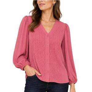 Dennis Basso Blouse XS Dusty Rose Pink Rhinestone Georgette Balloon Sleeve Top